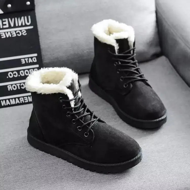 Sorriso pop inverno novas botas de neve planas confortáveis quentes veludo de pelúcia sapatos de algodão dedo do pé redondo botas de neve rendas botas curtas femininas