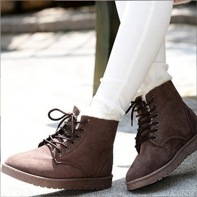 Sorriso pop inverno novas botas de neve planas confortáveis quentes veludo de pelúcia sapatos de algodão dedo do pé redondo botas de neve rendas botas curtas femininas