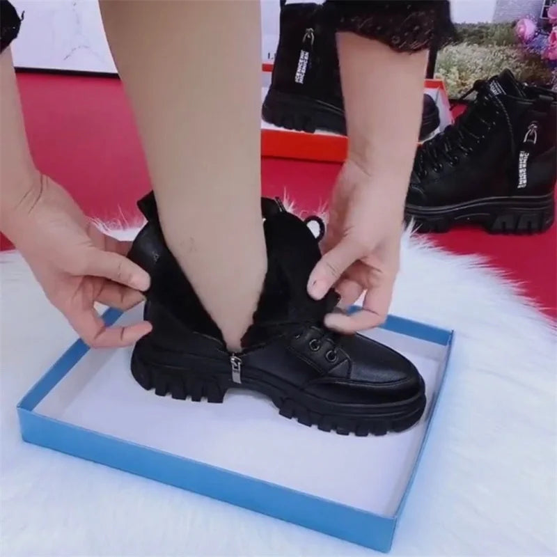 Sapatos 2023 moda inverno quente feminino preto sapatos casuais mais veludo all-match tênis de sola grossa botas de algodão