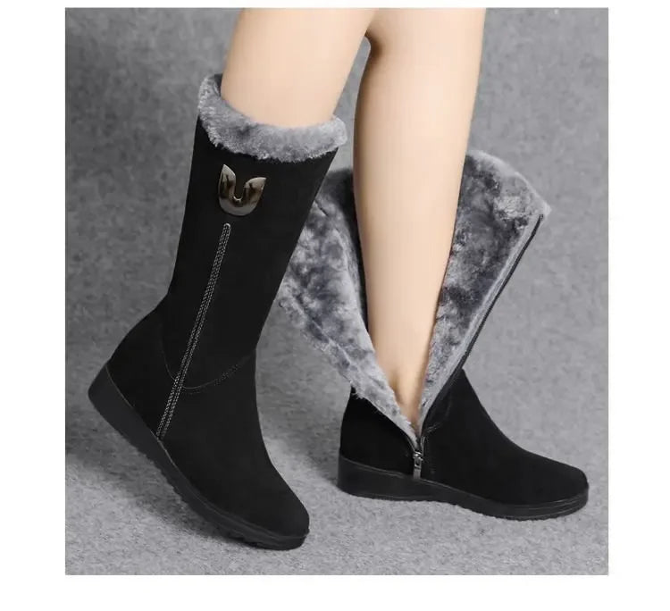 Chelsea quente botas de pele alta mulheres 2025 sapatos de inverno para mulher chunky meados de bezerro de pelúcia neve botas planas zip moda botas de mujer