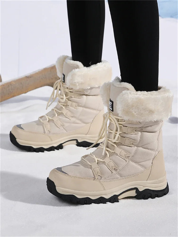 Botas de pelúcia Moifeng-Mid-Calf para mulheres, sapatos de inverno quente, botas de neve marrom, calçado feminino