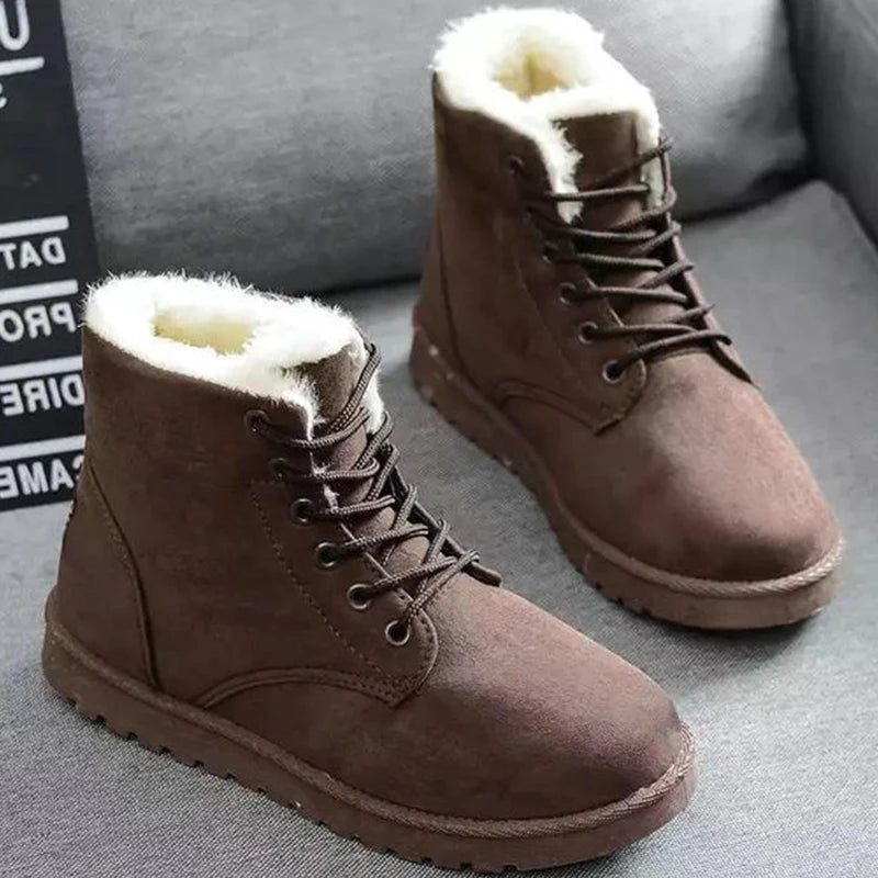 Sorriso pop inverno novas botas de neve planas confortáveis quentes veludo de pelúcia sapatos de algodão dedo do pé redondo botas de neve rendas botas curtas femininas