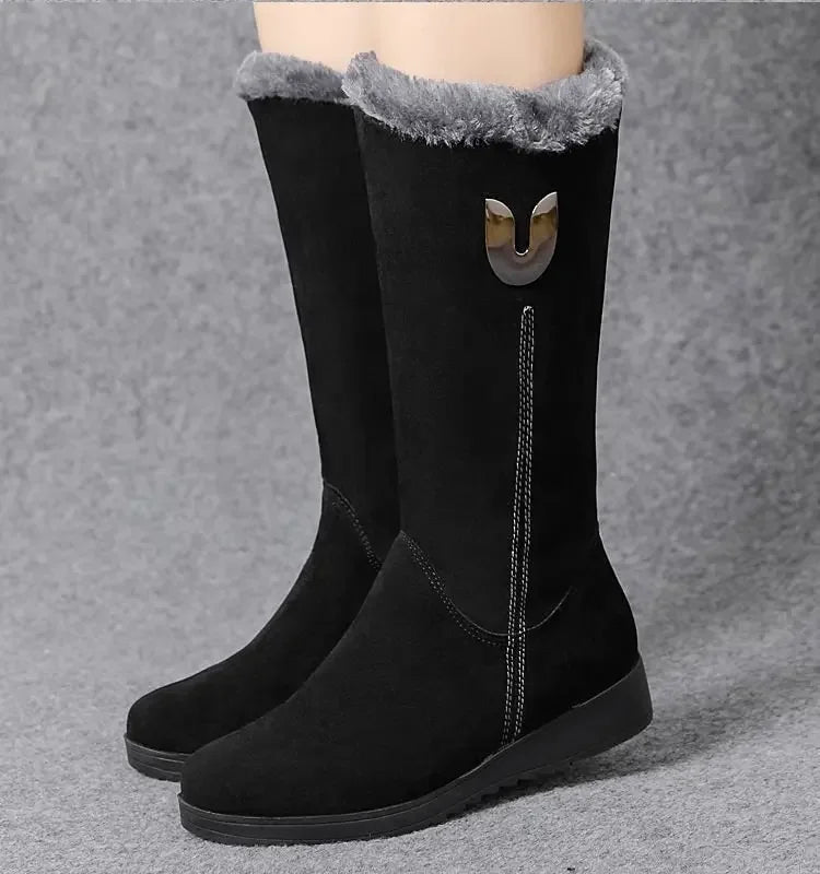 Chelsea quente botas de pele alta mulheres 2025 sapatos de inverno para mulher chunky meados de bezerro de pelúcia neve botas planas zip moda botas de mujer