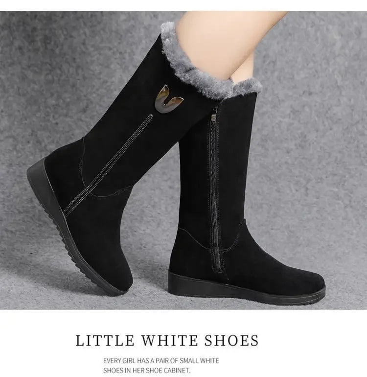 Chelsea quente botas de pele alta mulheres 2025 sapatos de inverno para mulher chunky meados de bezerro de pelúcia neve botas planas zip moda botas de mujer