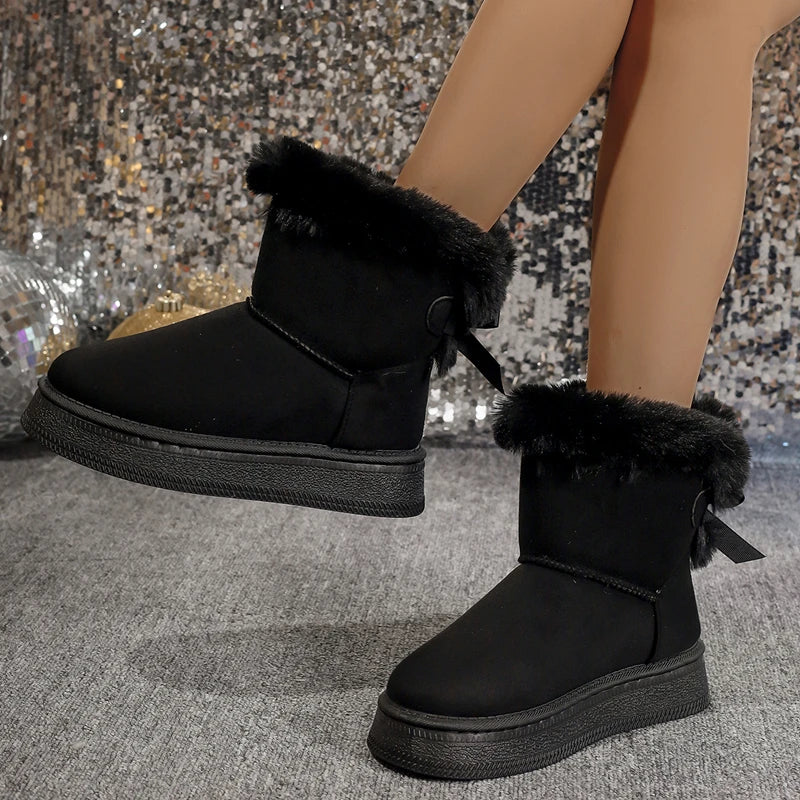 Nova moda arco dedo do pé redondo elegante botas de neve inverno plana resistente ao desgaste macio estudantes mais veludo quente sapatos femininos