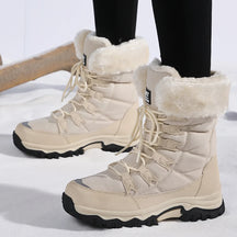 Botas de pelúcia Moifeng-Mid-Calf para mulheres, sapatos de inverno quente, botas de neve marrom, calçado feminino
