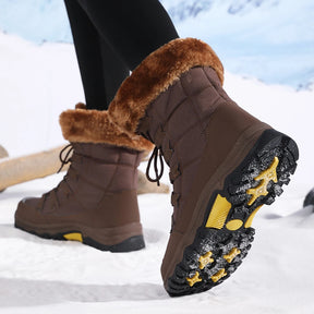 Botas de pelúcia Moifeng-Mid-Calf para mulheres, sapatos de inverno quente, botas de neve marrom, calçado feminino