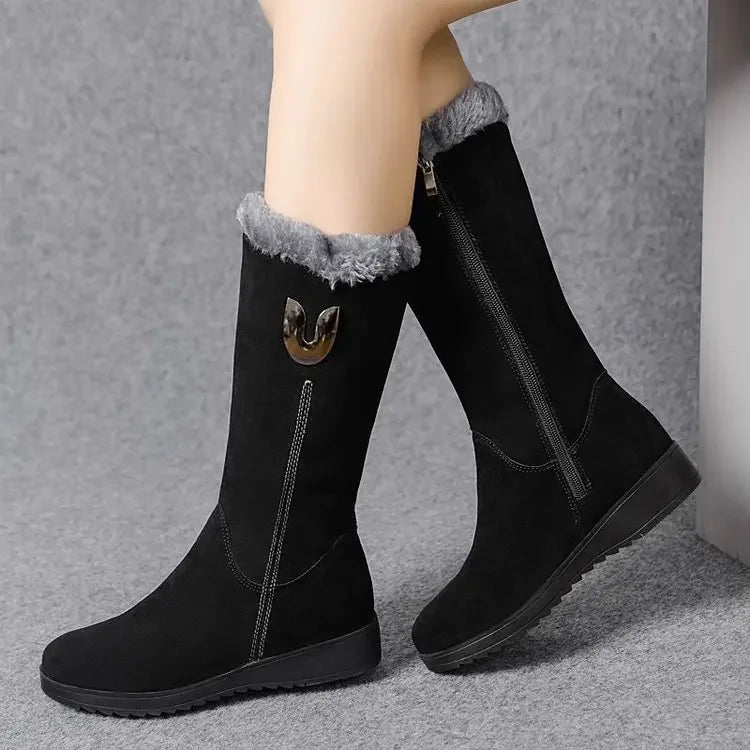 Chelsea quente botas de pele alta mulheres 2025 sapatos de inverno para mulher chunky meados de bezerro de pelúcia neve botas planas zip moda botas de mujer
