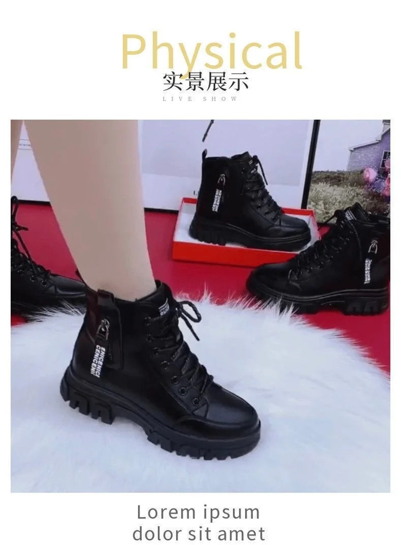 Sapatos 2023 moda inverno quente feminino preto sapatos casuais mais veludo all-match tênis de sola grossa botas de algodão