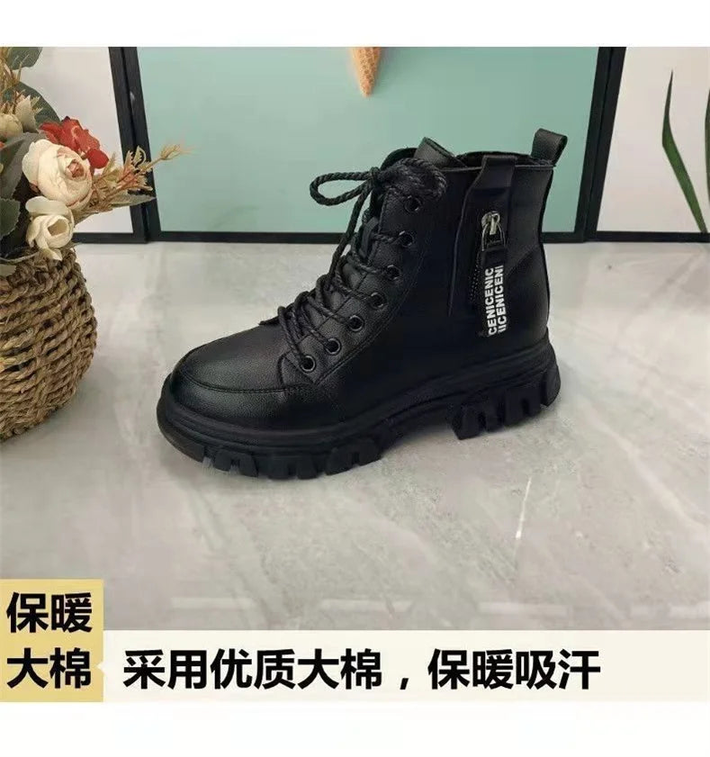 Sapatos 2023 moda inverno quente feminino preto sapatos casuais mais veludo all-match tênis de sola grossa botas de algodão