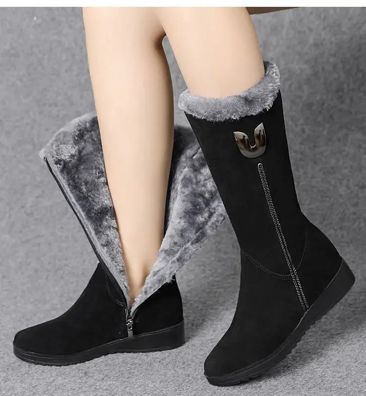 Chelsea quente botas de pele alta mulheres 2025 sapatos de inverno para mulher chunky meados de bezerro de pelúcia neve botas planas zip moda botas de mujer