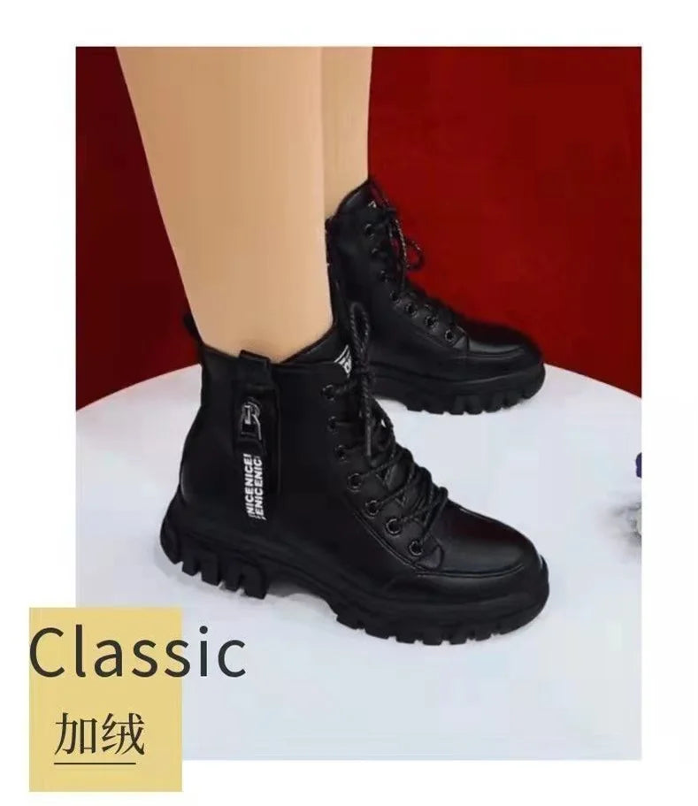 Sapatos 2023 moda inverno quente feminino preto sapatos casuais mais veludo all-match tênis de sola grossa botas de algodão