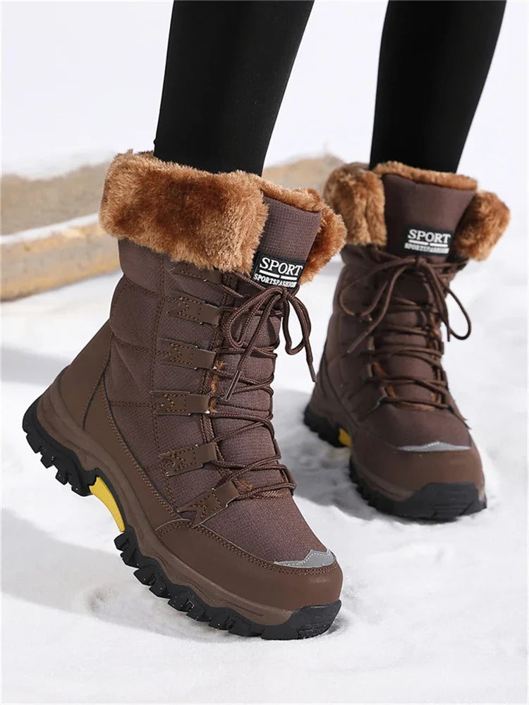 Botas de pelúcia Moifeng-Mid-Calf para mulheres, sapatos de inverno quente, botas de neve marrom, calçado feminino