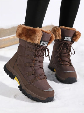 Botas de pelúcia Moifeng-Mid-Calf para mulheres, sapatos de inverno quente, botas de neve marrom, calçado feminino