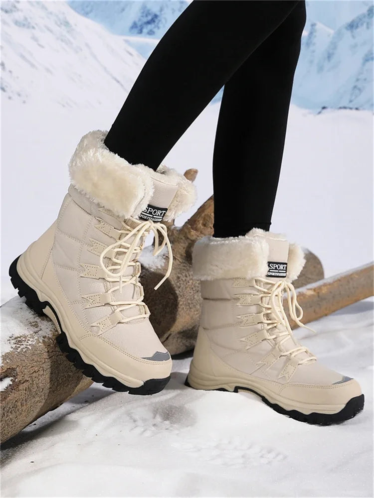 Botas de pelúcia Moifeng-Mid-Calf para mulheres, sapatos de inverno quente, botas de neve marrom, calçado feminino