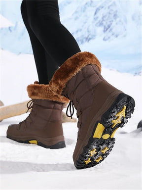 Botas de pelúcia Moifeng-Mid-Calf para mulheres, sapatos de inverno quente, botas de neve marrom, calçado feminino