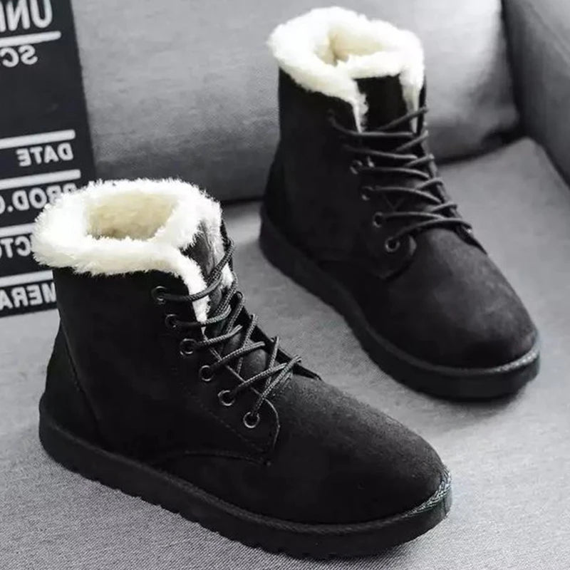 Sorriso pop inverno novas botas de neve planas confortáveis quentes veludo de pelúcia sapatos de algodão dedo do pé redondo botas de neve rendas botas curtas femininas