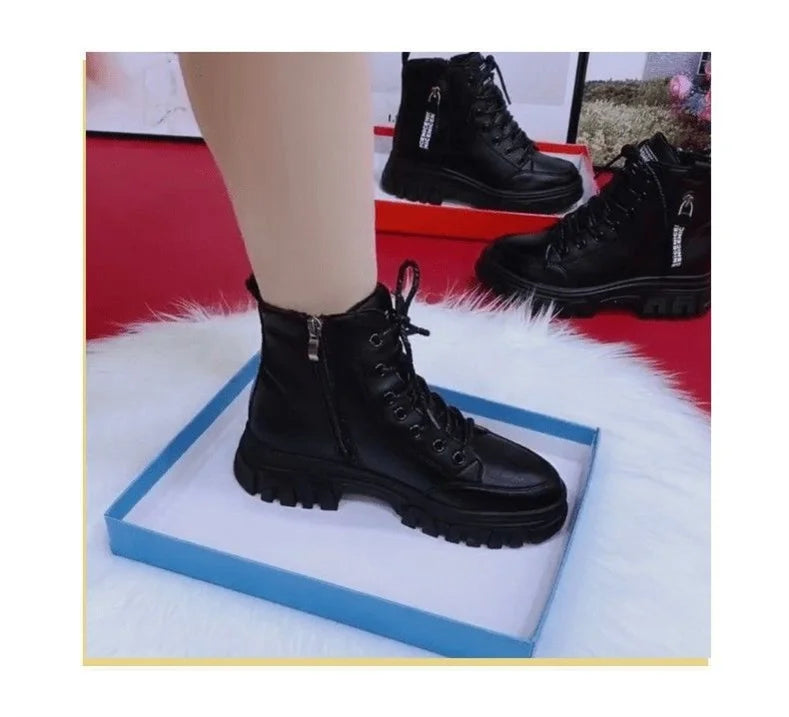 Sapatos 2023 moda inverno quente feminino preto sapatos casuais mais veludo all-match tênis de sola grossa botas de algodão