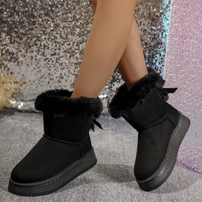 Nova moda arco dedo do pé redondo elegante botas de neve inverno plana resistente ao desgaste macio estudantes mais veludo quente sapatos femininos