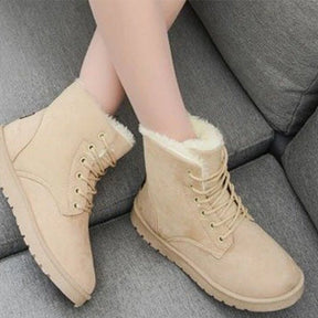 Sorriso pop inverno novas botas de neve planas confortáveis quentes veludo de pelúcia sapatos de algodão dedo do pé redondo botas de neve rendas botas curtas femininas