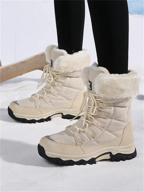 Botas de pelúcia Moifeng-Mid-Calf para mulheres, sapatos de inverno quente, botas de neve marrom, calçado feminino