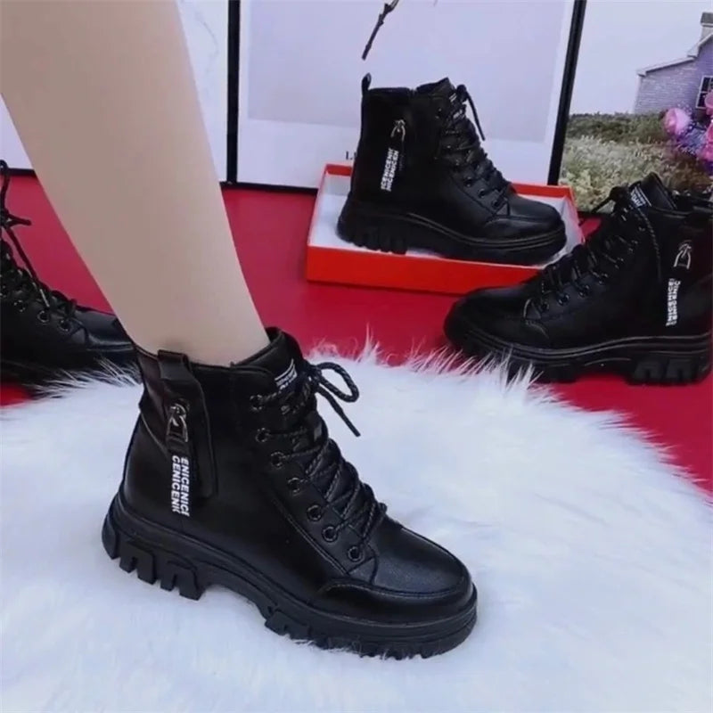 Sapatos 2023 moda inverno quente feminino preto sapatos casuais mais veludo all-match tênis de sola grossa botas de algodão