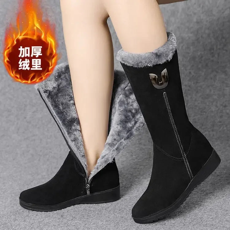 Chelsea quente botas de pele alta mulheres 2025 sapatos de inverno para mulher chunky meados de bezerro de pelúcia neve botas planas zip moda botas de mujer