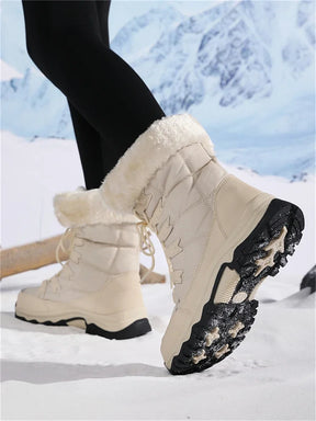 Botas de pelúcia Moifeng-Mid-Calf para mulheres, sapatos de inverno quente, botas de neve marrom, calçado feminino