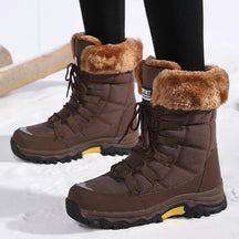 Botas de pelúcia Moifeng-Mid-Calf para mulheres, sapatos de inverno quente, botas de neve marrom, calçado feminino