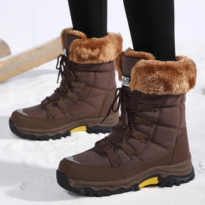 Botas de pelúcia Moifeng-Mid-Calf para mulheres, sapatos de inverno quente, botas de neve marrom, calçado feminino