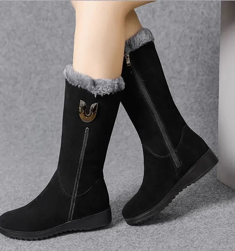 Chelsea quente botas de pele alta mulheres 2025 sapatos de inverno para mulher chunky meados de bezerro de pelúcia neve botas planas zip moda botas de mujer