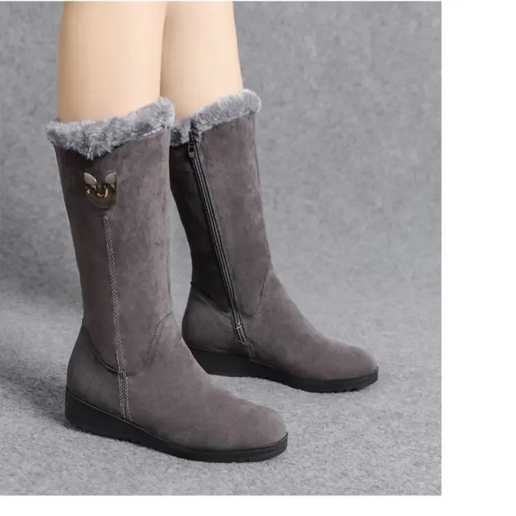 Chelsea quente botas de pele alta mulheres 2025 sapatos de inverno para mulher chunky meados de bezerro de pelúcia neve botas planas zip moda botas de mujer