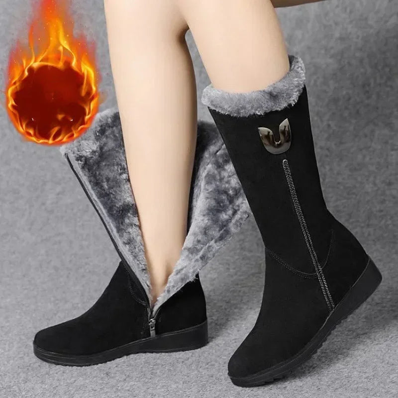 Chelsea quente botas de pele alta mulheres 2025 sapatos de inverno para mulher chunky meados de bezerro de pelúcia neve botas planas zip moda botas de mujer