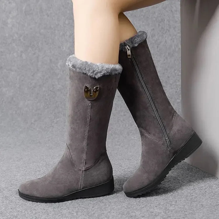 Chelsea quente botas de pele alta mulheres 2025 sapatos de inverno para mulher chunky meados de bezerro de pelúcia neve botas planas zip moda botas de mujer
