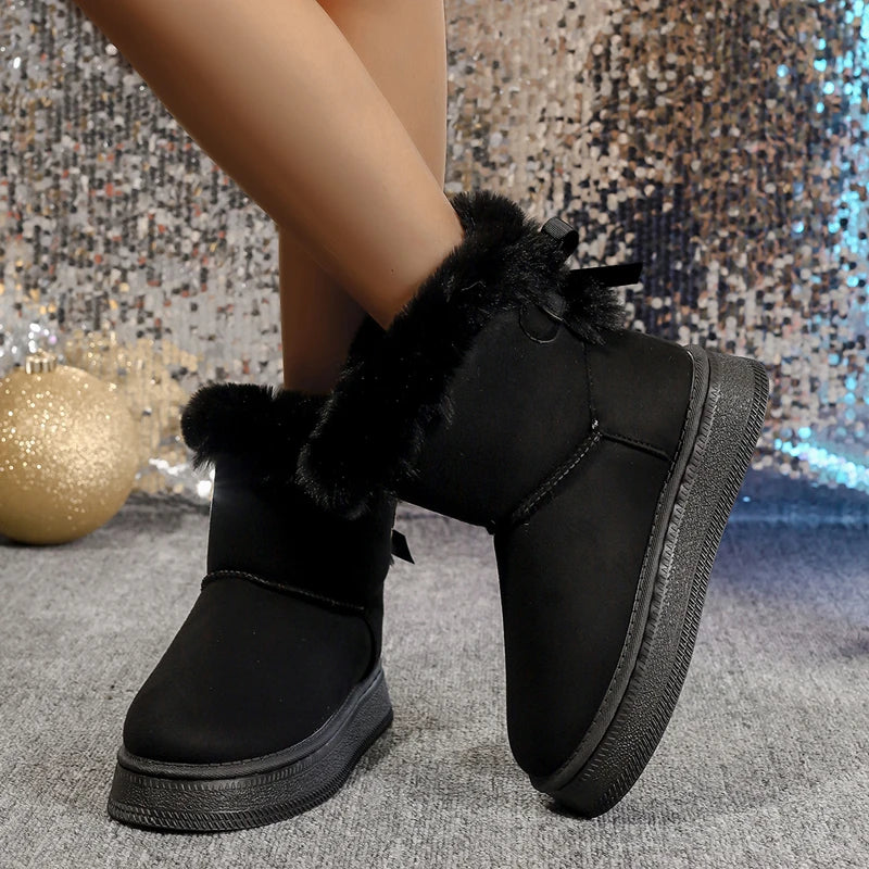 Nova moda arco dedo do pé redondo elegante botas de neve inverno plana resistente ao desgaste macio estudantes mais veludo quente sapatos femininos