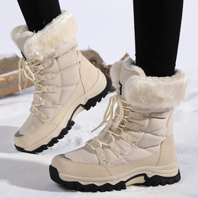 Botas de pelúcia Moifeng-Mid-Calf para mulheres, sapatos de inverno quente, botas de neve marrom, calçado feminino