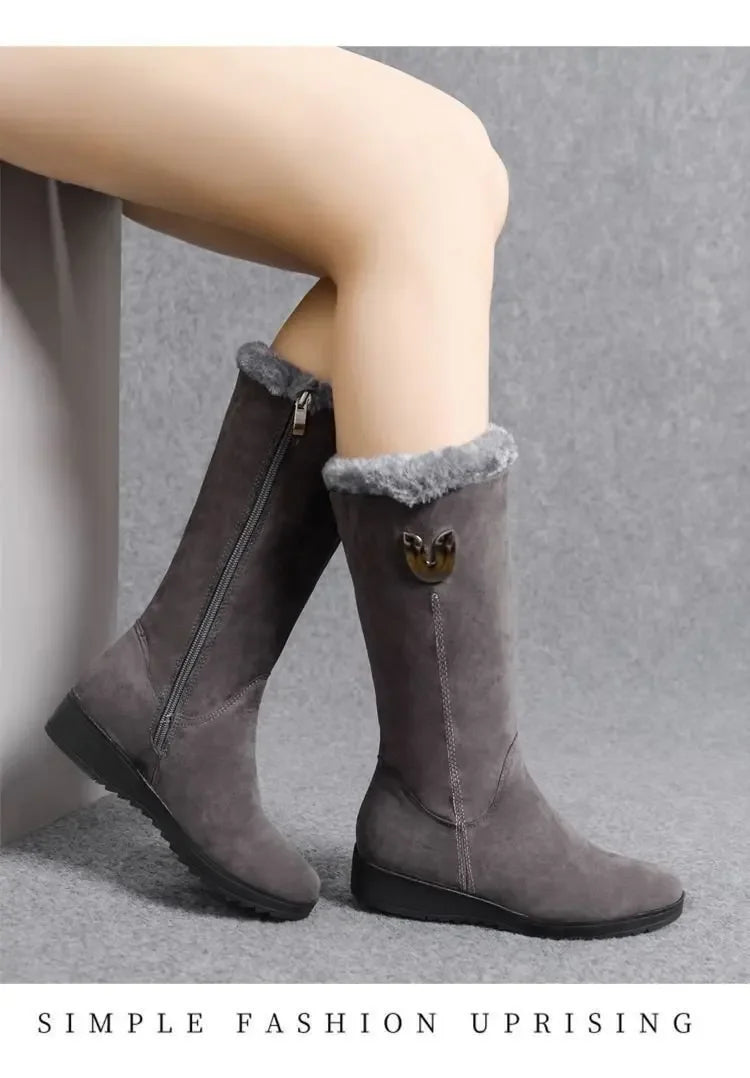 Chelsea quente botas de pele alta mulheres 2025 sapatos de inverno para mulher chunky meados de bezerro de pelúcia neve botas planas zip moda botas de mujer